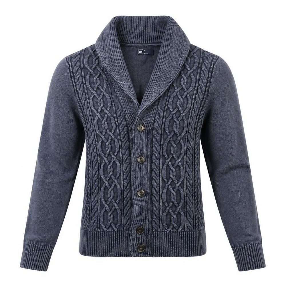 Gap Cardigan Mens M Navy Blue Shawl Collar Cable Knit Sweater Preppy Fisherman